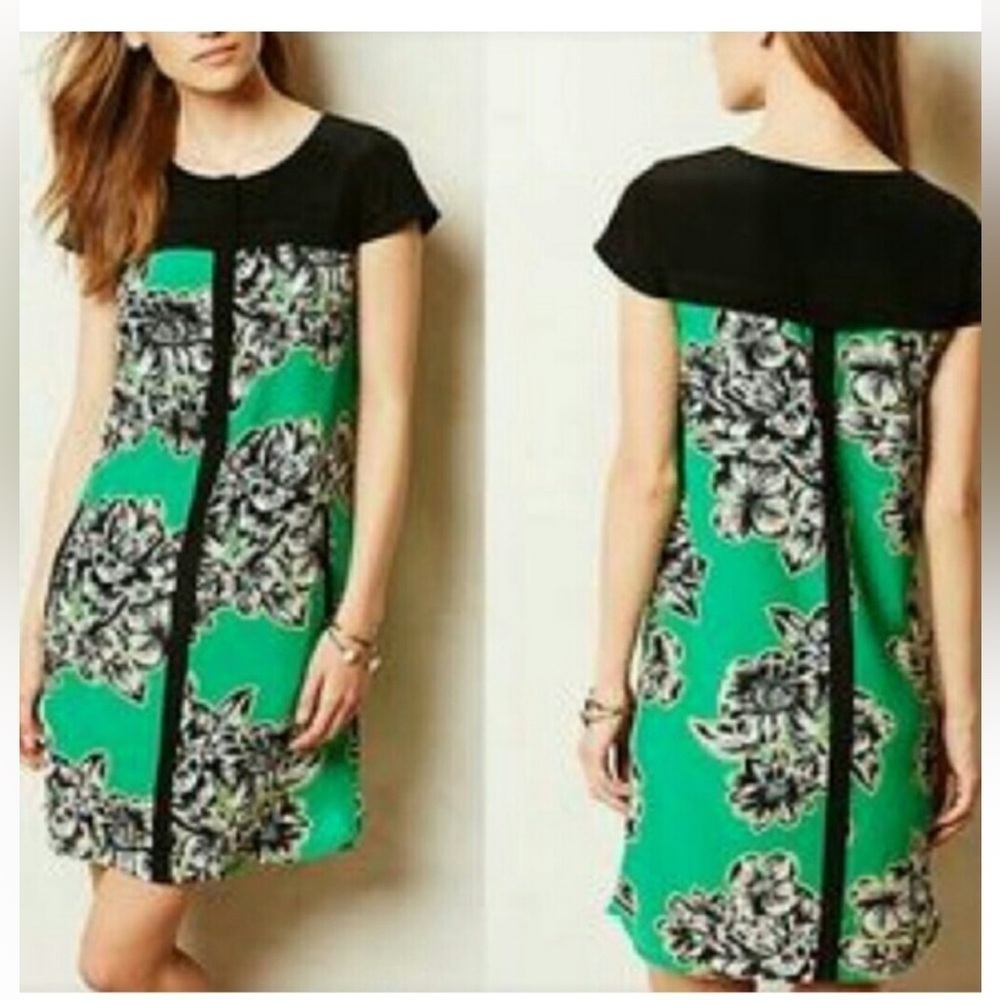 Maeve‎ Anthropologie Silk Ayame Dress Green/Black Floral Pockets